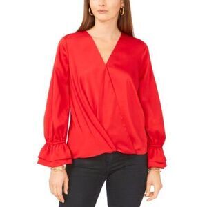 Vince Camuto Solid Surplice Ruffled-cuff Top In Bright Cherry S